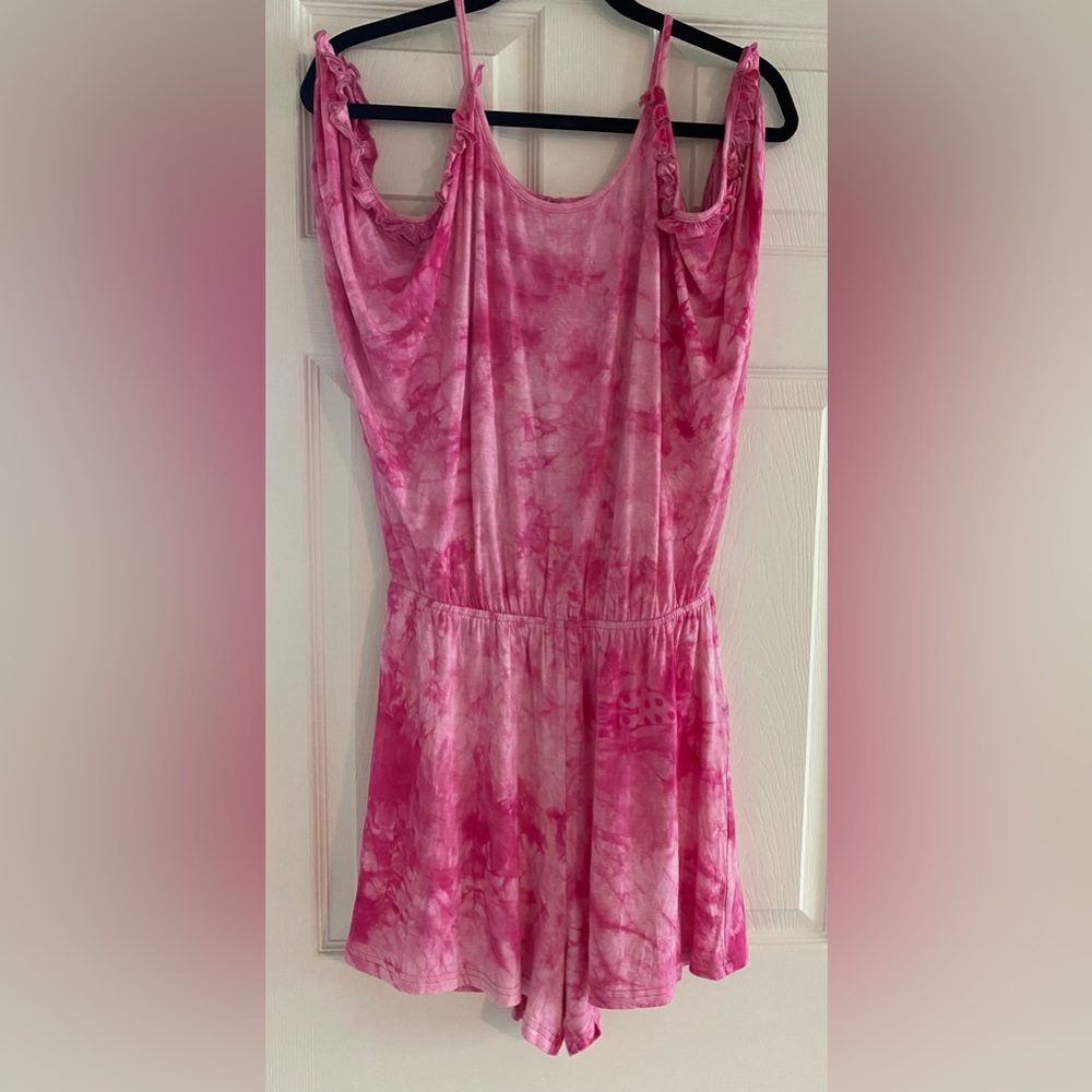 I Love cold shoulder pink tye dye romper.